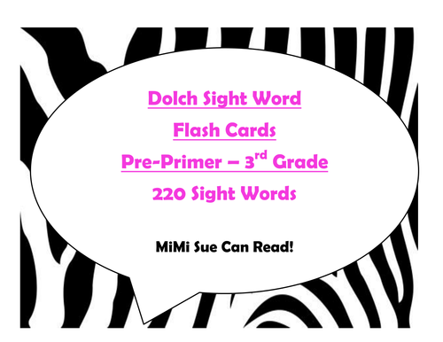220 Dolch Sight Word Flash Cards Pre-Primer - 3rd (Zebra Hot Pink Lettering)