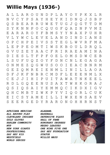 Willie Mays (Baseball) Word Search | Teaching Resources