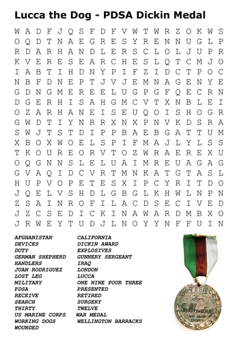 Lucca the Dog - PDSA Dickin Medal Word Search