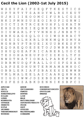 Cecil the Lion Word Search by sfy773 - Teaching Resources - Tes