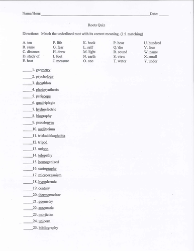 Word Roots Quiz Key Teaching Resources