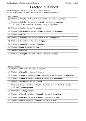 Fractions of words - A message, built up from fractions of mathematical words.