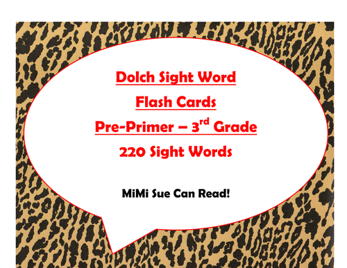 220 Dolch Sight Word Flash Cards Pre-Primer - 3rd (Cheetah/Leopard Red Letters)