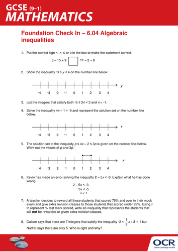 OCR Maths: Foundation GCSE - Check In Test 6.04 Algebraic inequalities