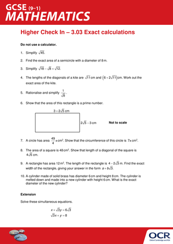 OCR Maths: Higher GCSE - Check In Test 3.03 Exact calculations