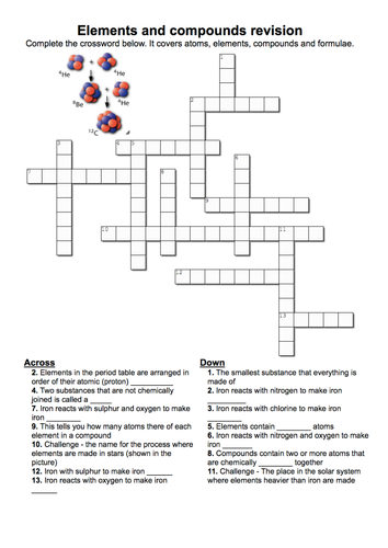 Elements and compounds revision crossword