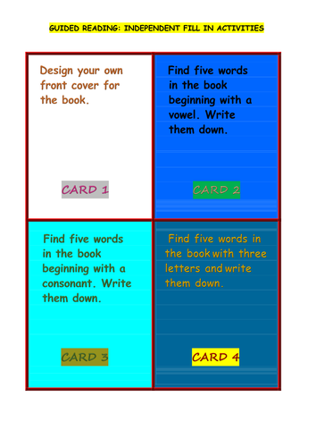 A SET OF 20 INDEPENDENT GUIDED READING ACTIVITY CARDS.