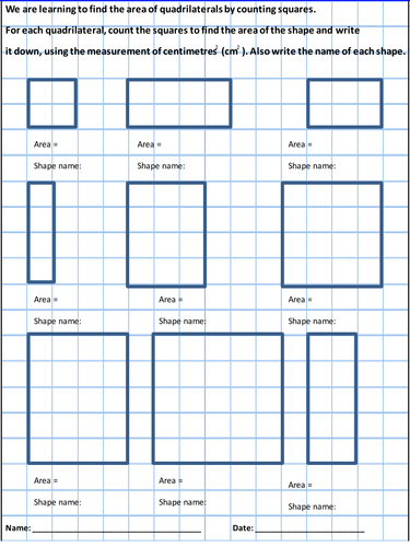 Area Work Sheet - Counting Squares to find the area (Y4)