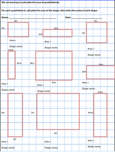 Area Work Sheet - Calculating the area of quadrilaterals (Y4/5 ...