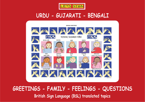 BSL Greetings, Family, Feeling & Questions Signs with URDU, GUJARATI & BENGALI Translations