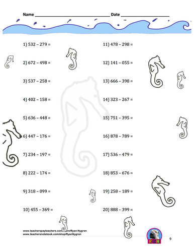 Three Digit Subtraction Worksheets - Ocean Themed - (15 Pages)