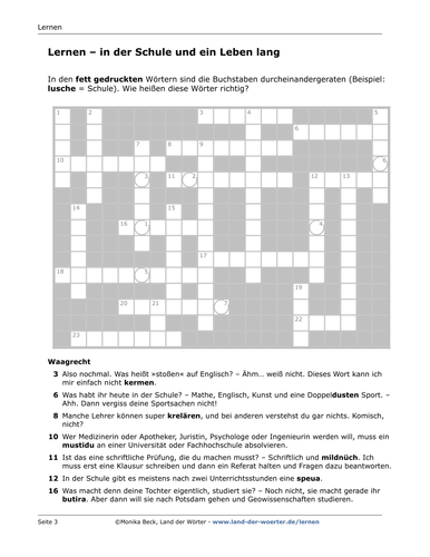 Learning Words In German Vocabulary Crossword Puzzle Teaching Resources