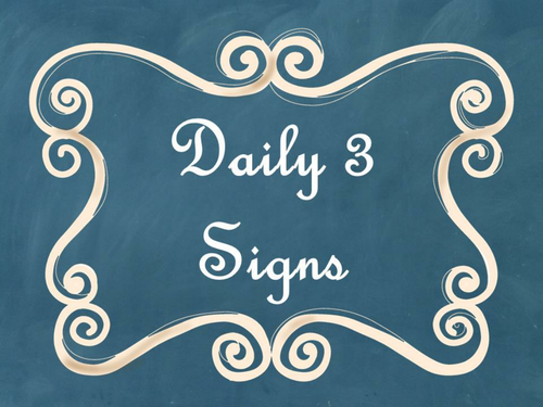 Daily 3 (Three) Math Signs/Posters (Blue Chalkboard/Curly Frames Theme)
