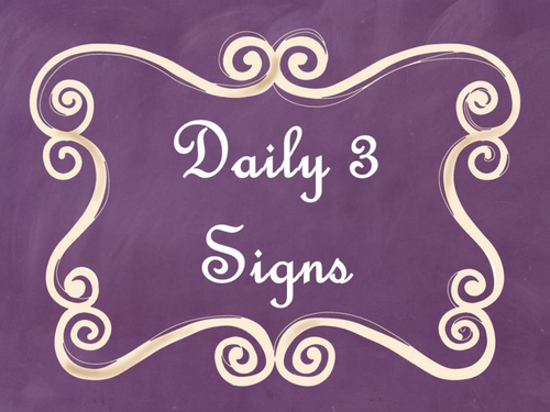 Daily 3 (Three) Math Signs/Posters (Purple Chalkboard/Curly Frames Theme)