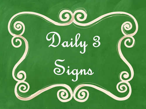 Daily 3 (Three) Math Signs/Posters (Green Chalkboard/Curly Frames Theme)