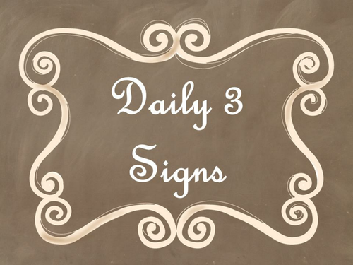 Daily 3 (Three) Math Signs/Posters (Brown Chalkboard/Curly Frames Theme)
