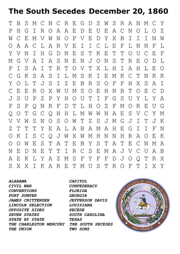 The South Secedes  - December 20, 1860 Word Search