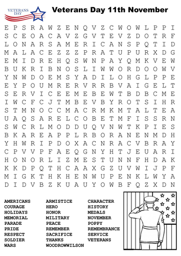 Veterans Day 11th November Word Search by sfy773 - UK Teaching