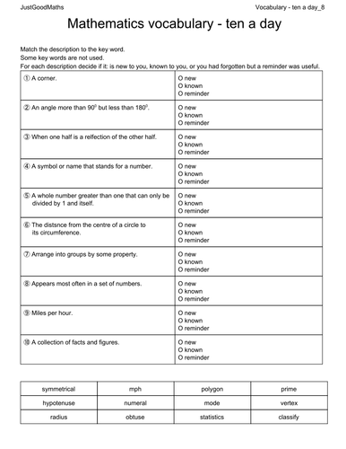 Mathematical Vocabulary 8 ten a day Teaching Resources