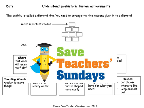 Diamond Nine On Prehistoric Human Achievements KS2 Lesson Plan and Worksheet
