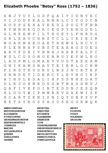 Elizabeth Phoebe "Betsy" Ross Word Search