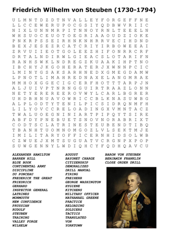 Friedrich Wilhelm von Steuben (1730-1794) Word Search