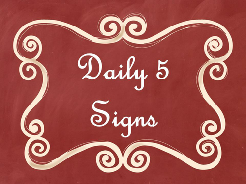 Daily 5 Bulletin Board Signs/Posters (Red Chalkboard/Curly Frames Theme)