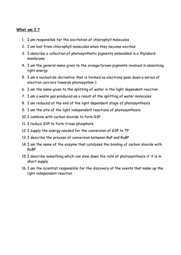 Photosynthesis - what am I quiz