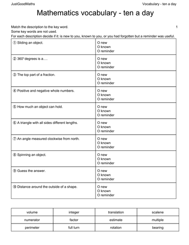 mathematical vocabulary pack all 12 pages in one file teaching resources