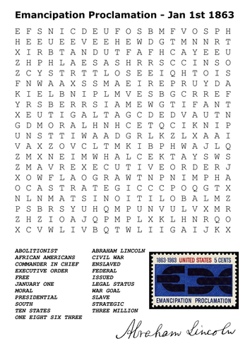 Emancipation Proclamation - Jan 1st 1863 Word Search