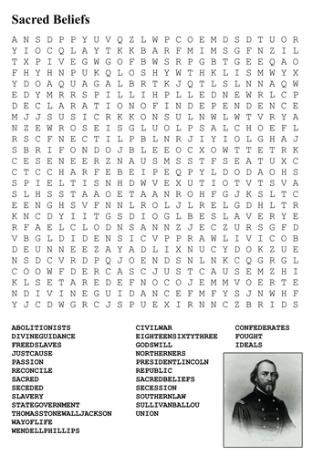 Sacred Beliefs US Civil War Word Search