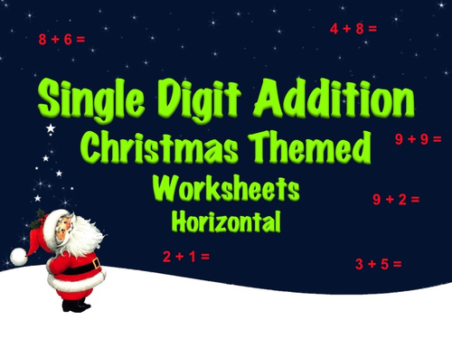Single Digit Addition - Christmas Themed Worksheets - Horizontal