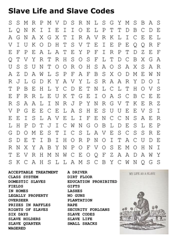 Slave Life and Slave Codes Word Search