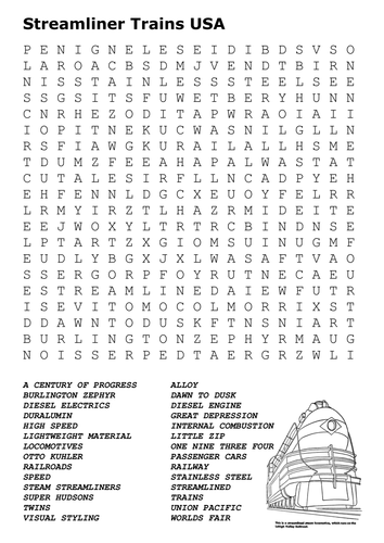 Streamliner Trains USA Word Search
