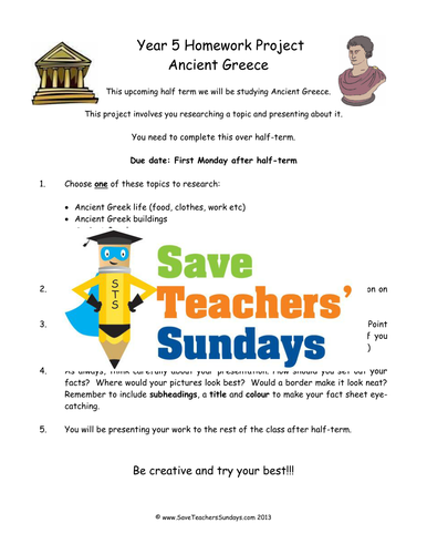 Ancient Greek Homework Project and Presentation KS2 Lesson Plan and Worksheet