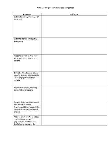 Early Learning Goal evidence gathering sheet