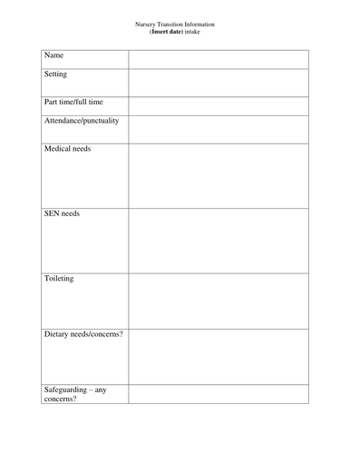 Transition proforma for EY children moving from Nursery to Reception