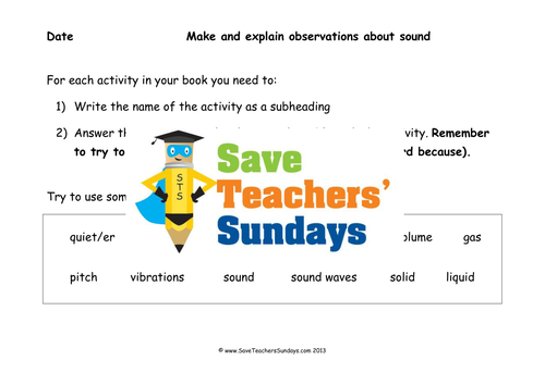 Making and Explaining Observations About Sound KS2 Lesson Plan, Writing Frame and Worksheet