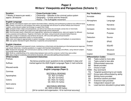 AQA Paper 2 Unit for 2017 GCSE Language (26 Lessons) - SOW, PPT, Resources, Mock Exams! - Scheme 1