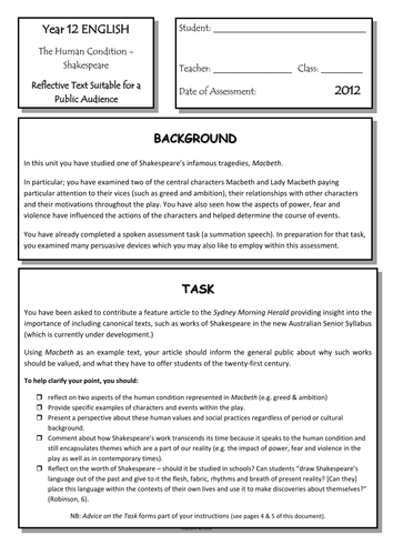 Macbeth Assessment Task Sheets