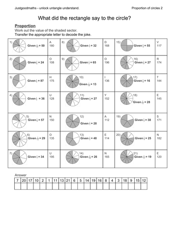 Fraction circles 1 - Given a unitary fraction, find the value of the sector, and decode a joke.