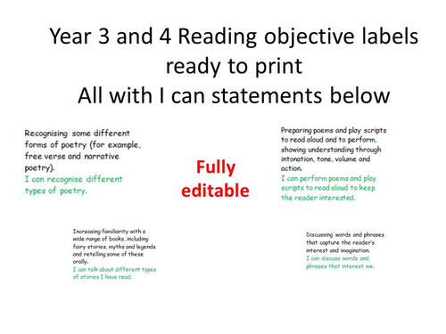 LKS2 reading objective stickers labels year 3 and 4
