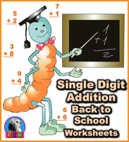 Single Digit Addition - Back to School Themed Worksheets - Vertical