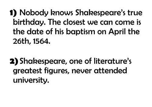 KS3 English Shakespeare Macbeth - 10 Facts About Shakespeare - Starter