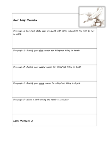 KS3 English Shakespeare Macbeth - Letter from Macbeth to Lady Macbeth - Writing Frame / Assessment