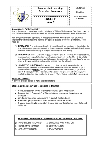 KS3 English Shakespeare Macbeth - Independent Learning Extended Homework