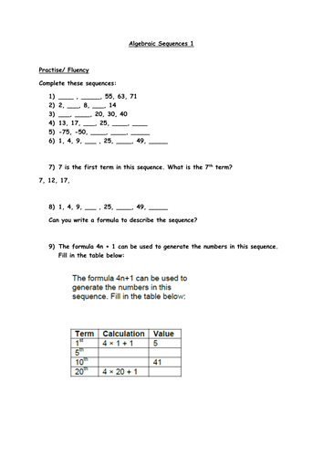 Year 6 Algebraic Sequences worksheet