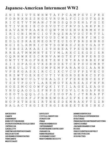 Japanese-American Internment World War Two Word Search