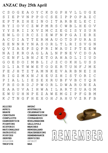 ANZAC Day Word Search