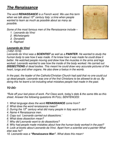 Leonardo da Vinci and the Renaissance Worksheet